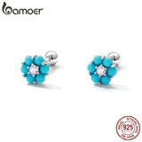 925 Silver Turquoise Flower Stud Earrings Stone Style Fine Jewelry