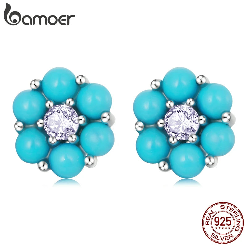 925 Silver Turquoise Flower Stud Earrings Stone Style Fine Jewelry