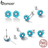 925 Silver Turquoise Flower Stud Earrings Stone Style Fine Jewelry