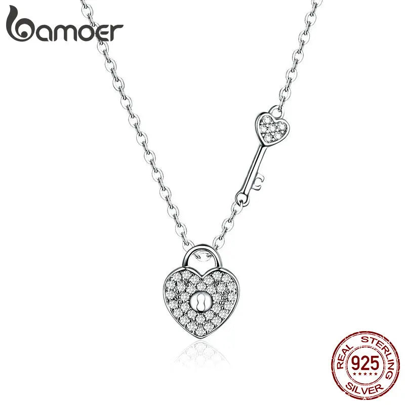 925 Silver Love Heart Lock & Key Pendant Necklace Women Wedding Jewelry