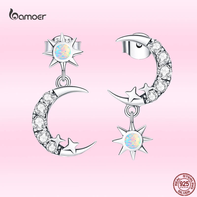 Moon & Star 925 Silver Zircon Ear Studs for Women