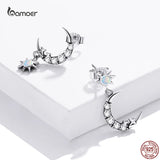 Moon & Star 925 Silver Zircon Ear Studs for Women