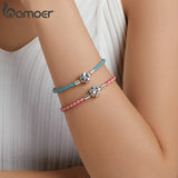 Four-Leaf Grass Leather Cord Bracelet 925 Sterling Silver for Women & Girls
