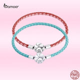 Four-Leaf Grass Leather Cord Bracelet 925 Sterling Silver for Women & Girls