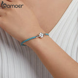 Four-Leaf Grass Leather Cord Bracelet 925 Sterling Silver for Women & Girls