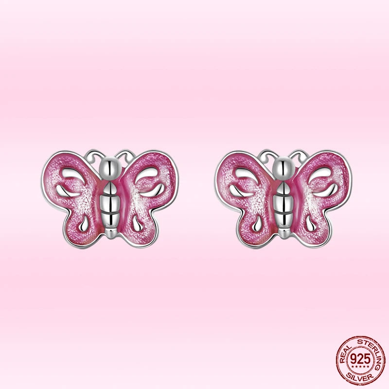 Pink Butterfly Orange Ladybug Ear Studs 925 Sterling Silver Insect Stud Earrings