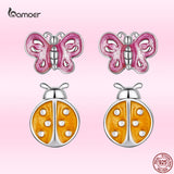 Pink Butterfly Orange Ladybug Ear Studs 925 Sterling Silver Insect Stud Earrings