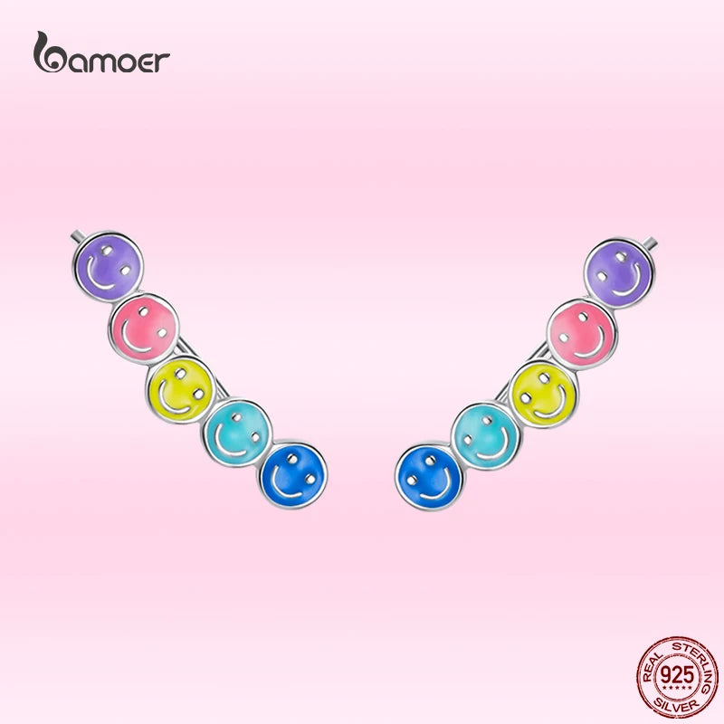 Colorful Rainbow Smiley Studs 925 Silver Earrings for Girls