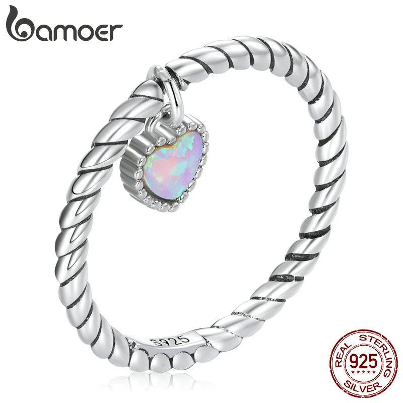 Opal Heart Women Ring 925 Silver Vintage Twist Ring Size 6 7 8 Eternity Band