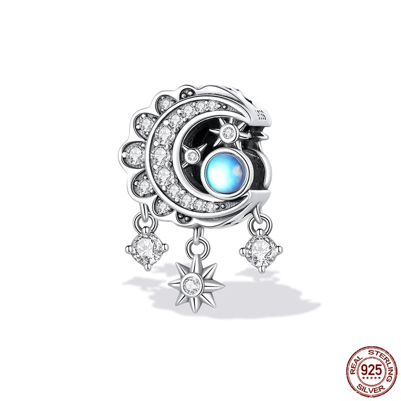 925 Silver Heart Moonstone Star Moon Charms Pendant DIY Jewelry