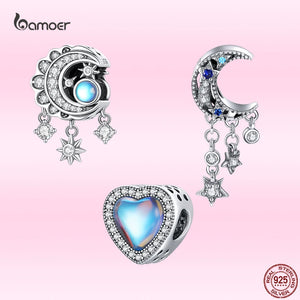 925 Silver Heart Moonstone Star Moon Charms Pendant DIY Jewelry