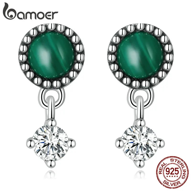 925 Silver Malachite Earrings Women's Jewelry CZ Drop Earrings