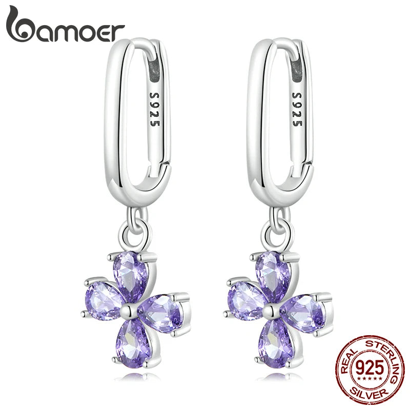 925 Silver Purple Zirconium Cross Earrings Fine Jewelry