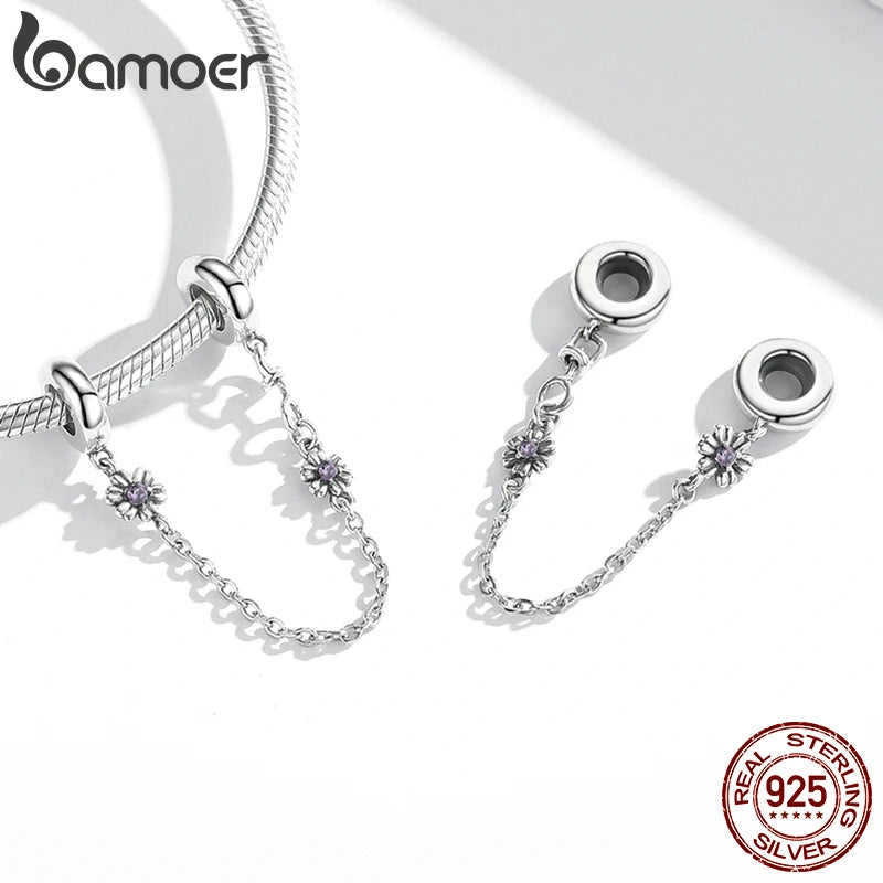925 Silver Retro Flowers Safety Chain for Women Bracelet or Bangle