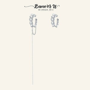 925 Silver Long Chain Ear Clip Tassel Hoop Earrings