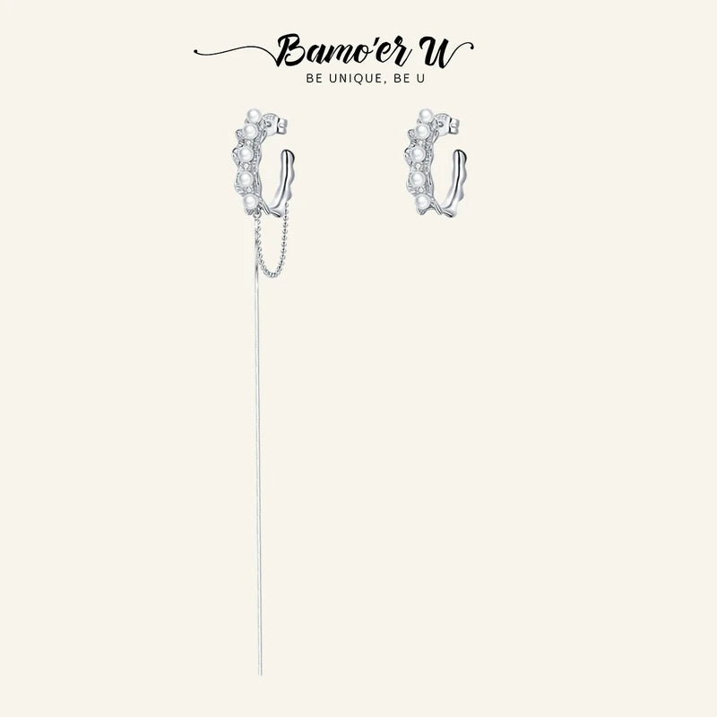925 Silver Long Chain Ear Clip Tassel Hoop Earrings