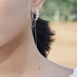 925 Silver Long Chain Ear Clip Tassel Hoop Earrings