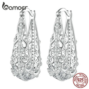 Vintage Decorative Pattern Hoop Earrings 925 Sterling Silver Zircon Ear Buckle