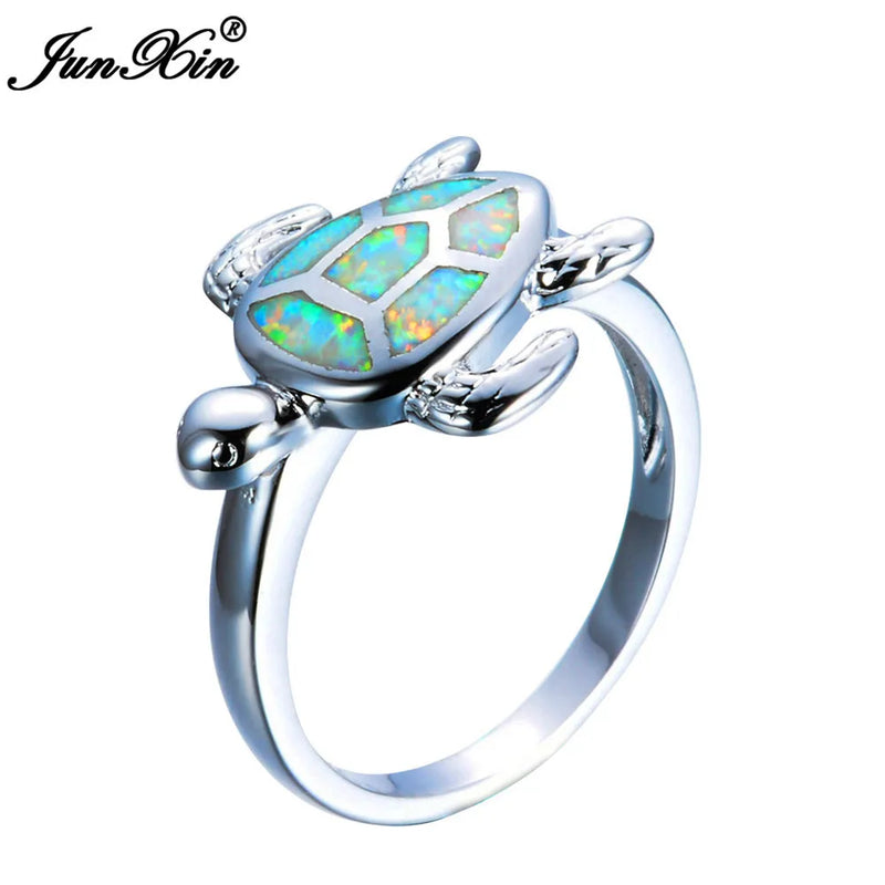 Blue/White Fire Opal Turtle Ring Big Stone Rings For Women Vintage Wedding Band