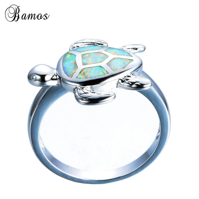 Blue/White Fire Opal Turtle Ring Big Stone Rings For Women Vintage Wedding Band