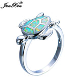 Blue/White Fire Opal Turtle Ring Big Stone Rings For Women Vintage Wedding Band