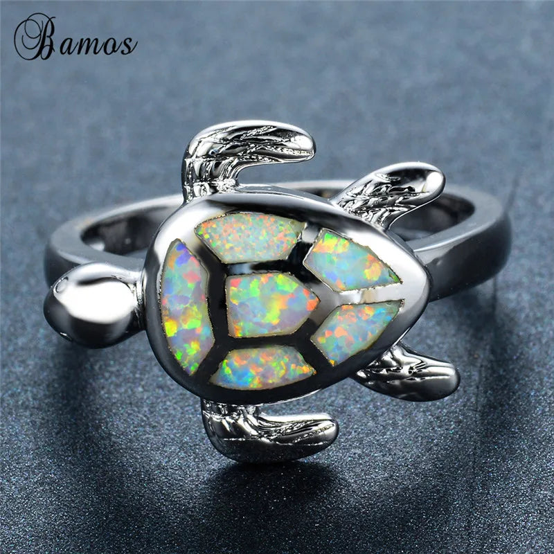 Blue/White Fire Opal Turtle Ring Big Stone Rings For Women Vintage Wedding Band