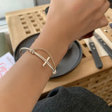925 Silver Women Bangle Cross Opening Retro Link Chain