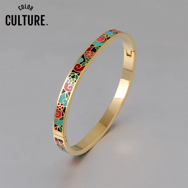 Colorful Flower Enamel Cuff Bangles for Women 0.6mm Width