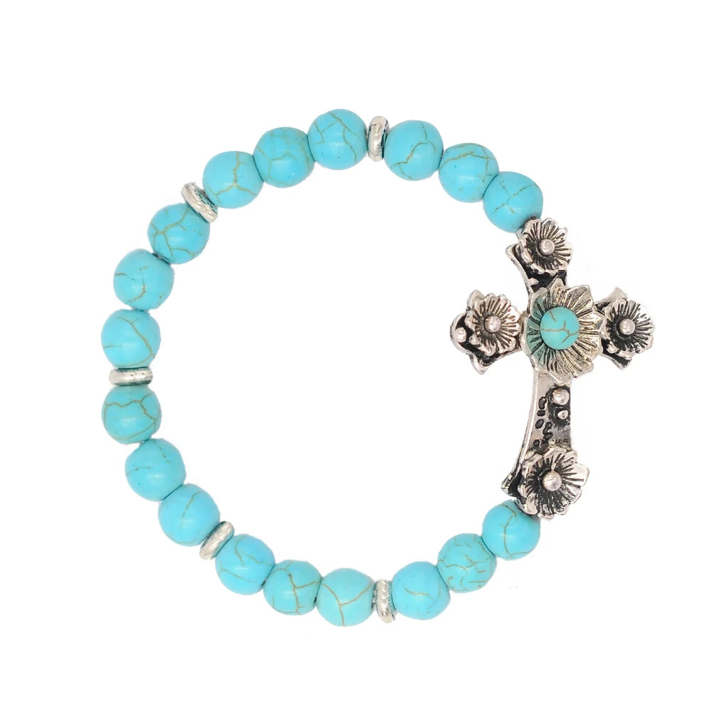 Religious Vintage Stone Bracelet Ethnic Cross Charm Beads Pulseras