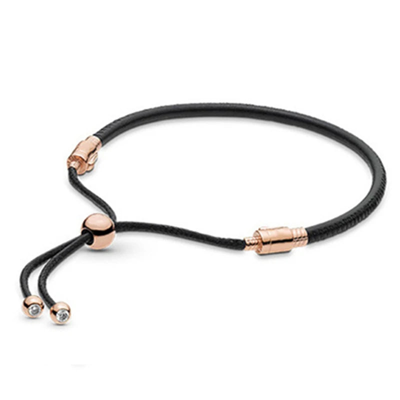 BaoFu 925 Sterling Silver Bracelet Adjustable Leather Strap Women Jewelry