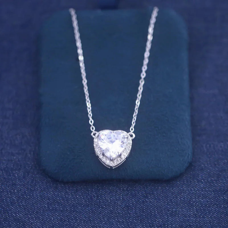 925 Sterling Silver Zircon Heart Pendant Necklace Women Wedding Party