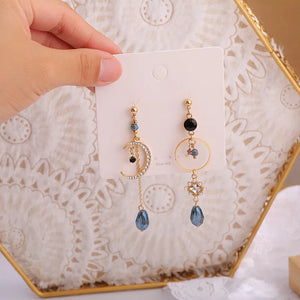 Baroque Rhinestone Water Drop Clip Earrings Moon Tassel Long Earrings