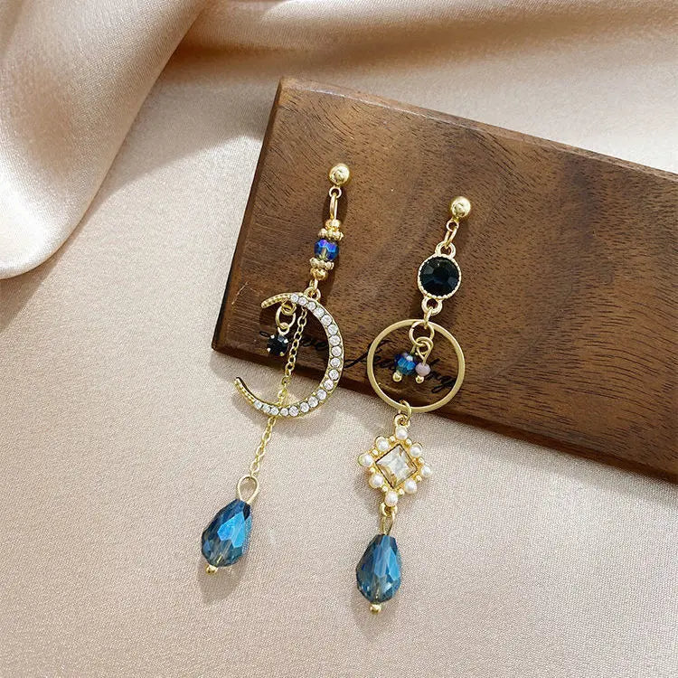 Baroque Rhinestone Water Drop Clip Earrings Moon Tassel Long Earrings