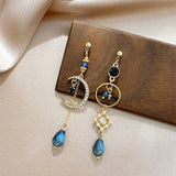Baroque Rhinestone Water Drop Clip Earrings Moon Tassel Long Earrings