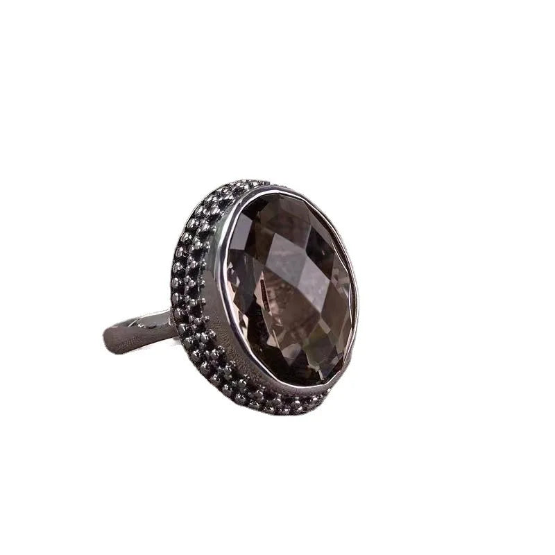 Baroque Ethnic Style Silver Inlaid Vintage Brown Gemstone Ring Adjustable