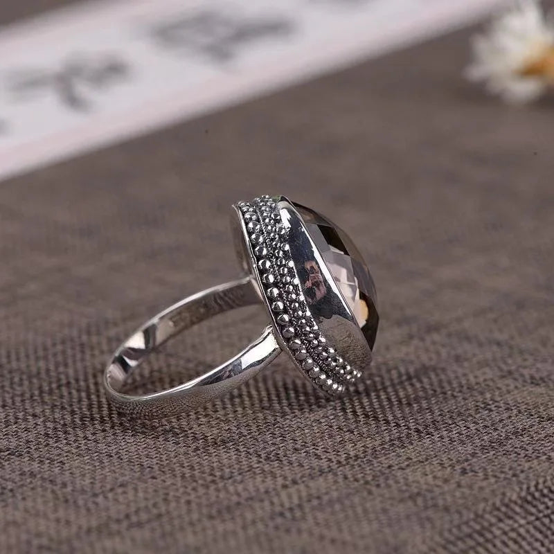 Baroque Ethnic Style Silver Inlaid Vintage Brown Gemstone Ring Adjustable