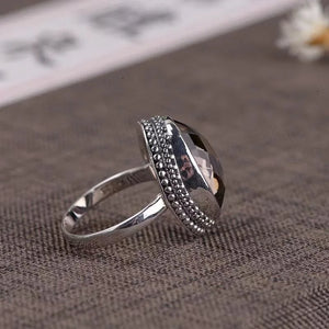 Baroque Ethnic Style Silver Inlaid Vintage Brown Gemstone Ring Adjustable