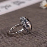 Baroque Ethnic Style Silver Inlaid Vintage Brown Gemstone Ring Adjustable