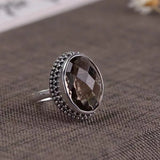 Baroque Ethnic Style Silver Inlaid Vintage Brown Gemstone Ring Adjustable