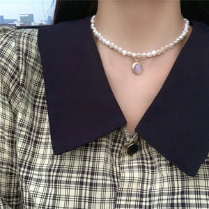 Baroque Pearl Beaded Necklace Moonstone Pendant Choker