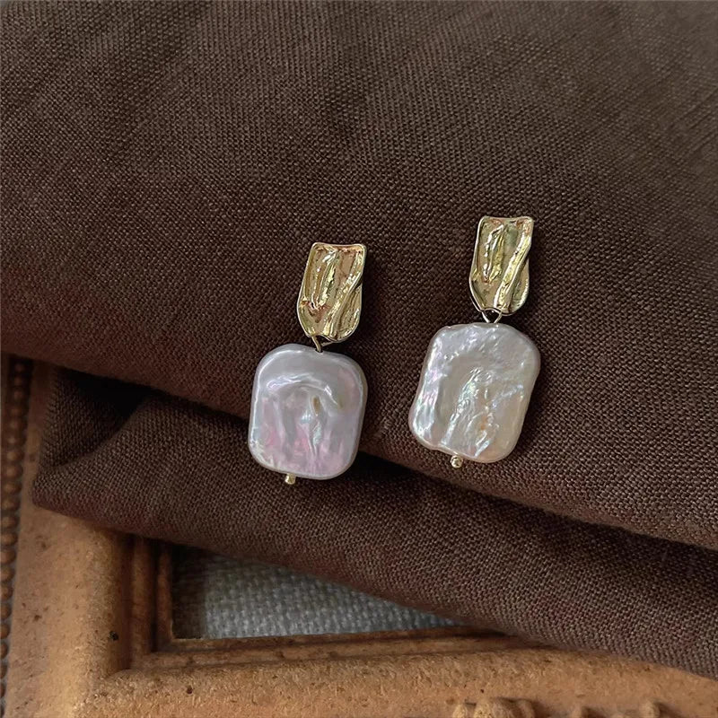Baroque Freshwater Pearl Bumpy Foil Stud Earrings Retro Copper 14k