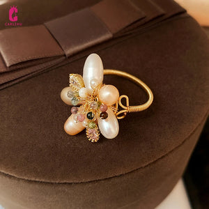 Baroque Pearl Zircon Flower Ring for Women Elegant Jewelry