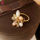 Baroque Pearl Zircon Flower Ring for Women Elegant Jewelry
