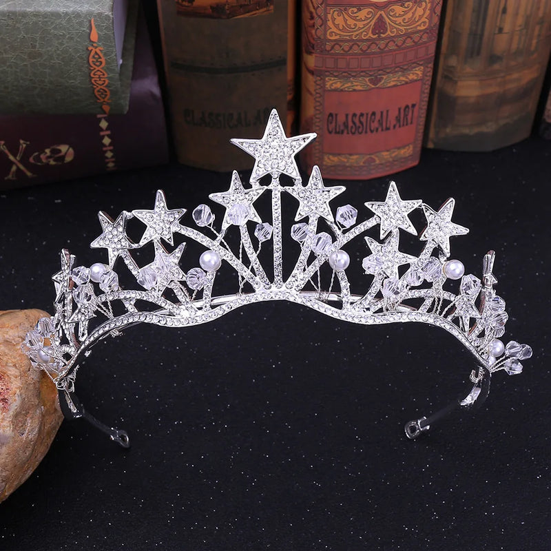 Baroque Star Crystal Pearl Wedding Tiaras Bridal Crown Rhinestone