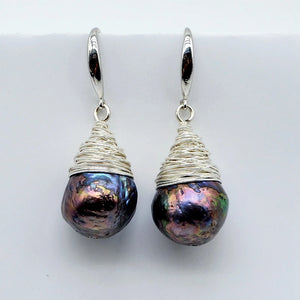Baroque Freshwater Pearl Drop Earrings, Silver Wire Braided