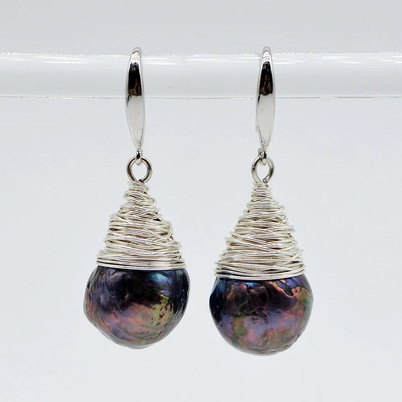 Baroque Freshwater Pearl Drop Earrings, Silver Wire Braided