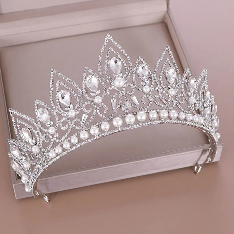 Baroque Crystal Crown Princess Pearl Tiaras Headwear