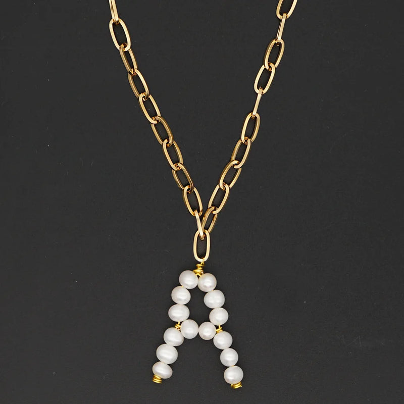 Baroque Freshwater Pearl Letters Pendant Stainless Steel Necklace