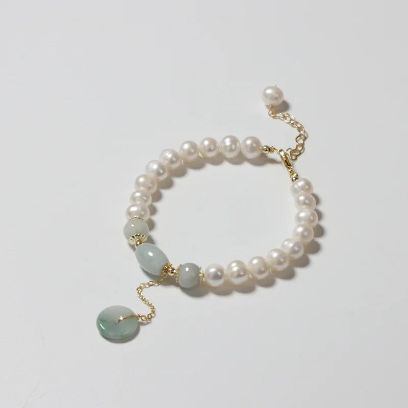 Baroque Freshwater Pearl Bracelet Lucky Coin Natural Jades Crystal Jewelry