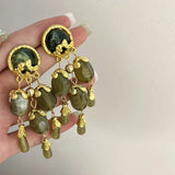 Baroque Palace Dinner Vintage Style Long Earrings Green Olive Tassel Shoulder